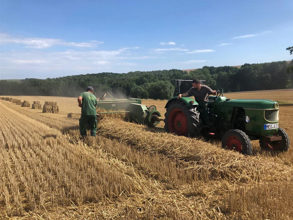 Mahd einer großen Fläche mit Traktor und Ballenpresse